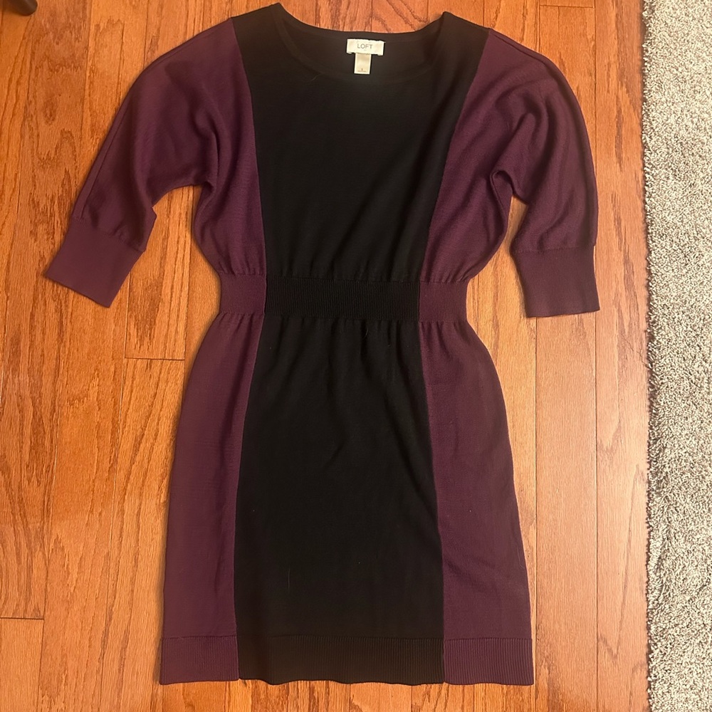 LOFT Black and Purple Sheath Dress with Raglan Sleeves